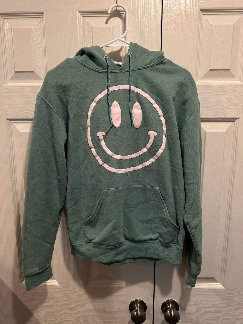 Sage Green Happy Smiley Face Fleece Hoodie Pullover Sweatshirt Puff Print Sz S
